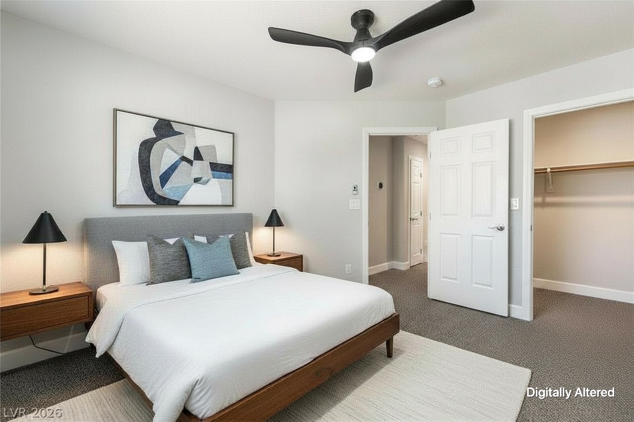 Bedroom with walk-in closet, virtually staged